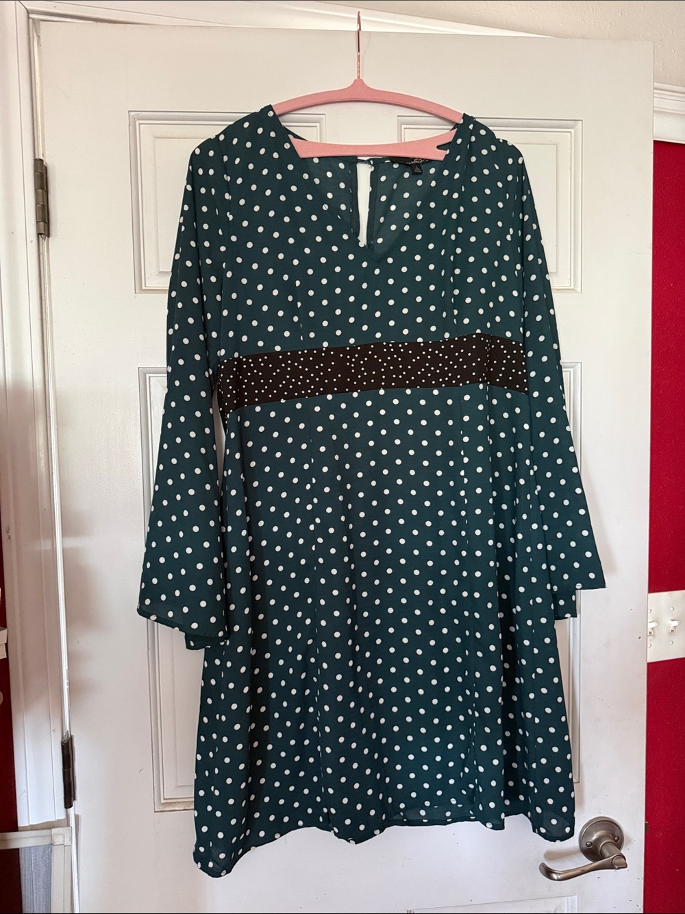 Suzanne Betro Teal Polka Dot Casual Dress with Brown Waistband